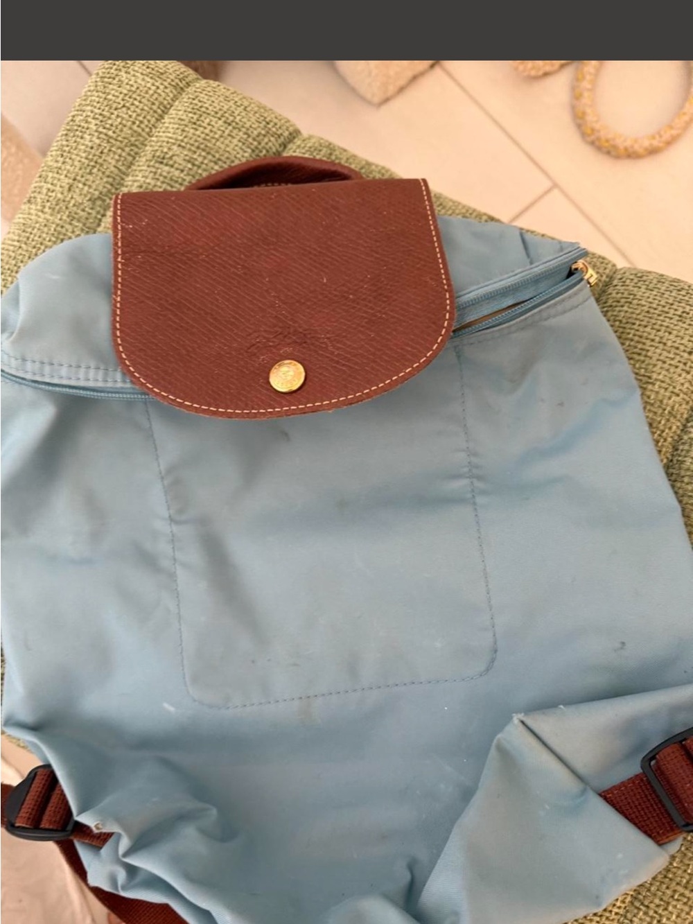 Longchamp Light Blue Backpack with Brown Flap
